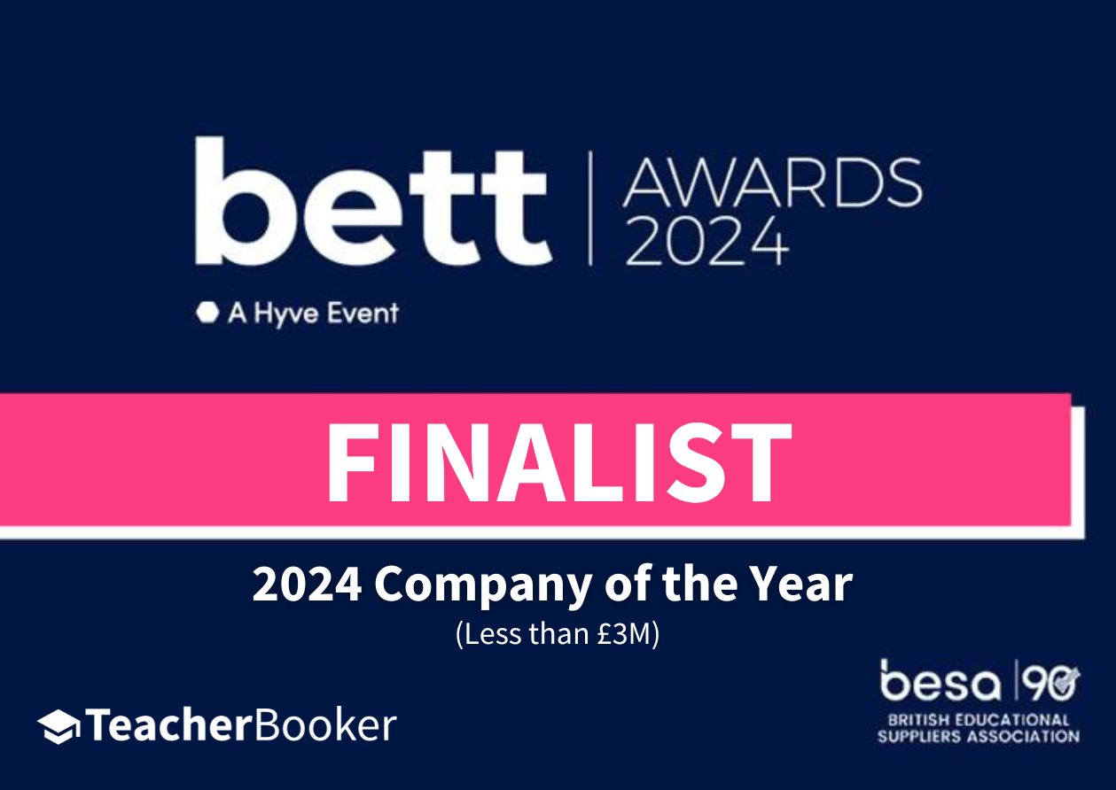 Photo announcing that Teacher Booker are finalists for the 2024 Company of the Year category at the Bett Awards